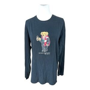 Polo Ralph Lauren size medium long sleeve‎ black cotton Henley w Hot Coco bear